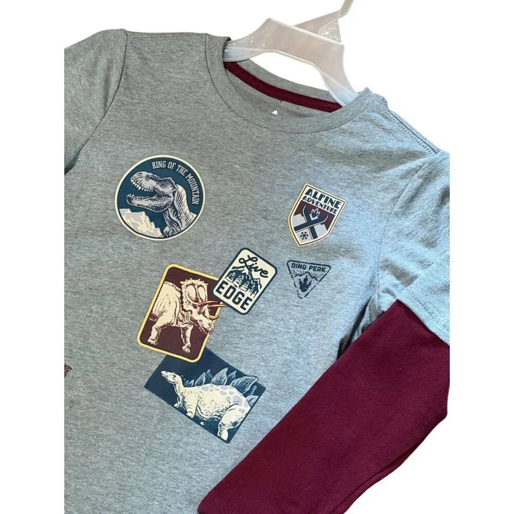 NWOT Garanimals Casual 365 Kids Gray Burgundy Long Sleeve Dinosaur Graphic Tee 6